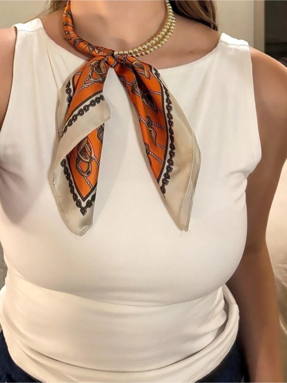 Orange & White Chain Scarf Necklace